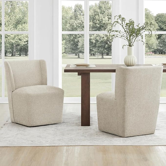 KISLOT Upholstered Dining Chairs Set of 2 with Casters, Wingback Modern Side Armless Deskchair with Rollers for Diningroom Bedroom Livingroom Reading Room, Sand Fabric