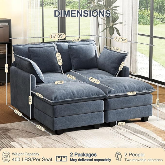 58" Cloud Couch Loveseat, Deep Seat Modular Sectional Sofa with 4 Removable Washable Pillows and 2 Ottoman for Living Room, Bedroom, Apartment, Blue