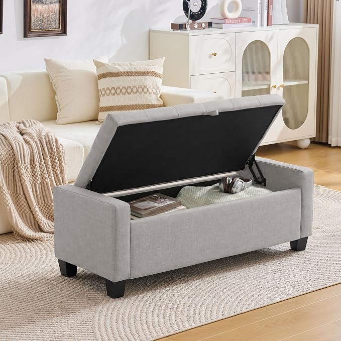 Huatean Home 43" Ottoman with Storage, Storage Ottoman Bench with Safety Hinge, Upholstered Entryway Bench with Seating for Bedroom, Living Room, Holds up to 330 lb(Light Gray)