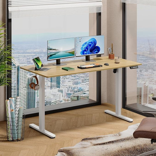 DEVAISE 55 Inch Electric Standing Desk, 3 Adjustable Computer Desk for Home Office, Ergonomic Sit to Stand Desk with LED Touchscreen,Headphone Hook, 3 Memory Preset, with Split Top, Maple