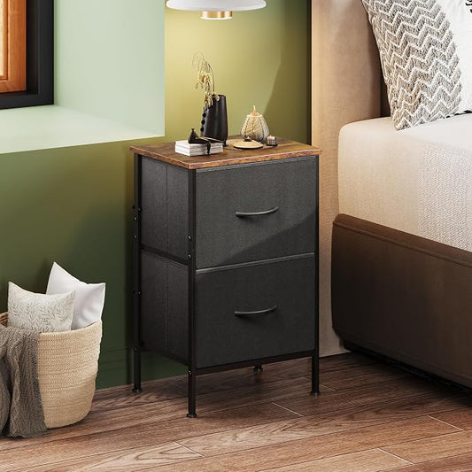 WLIVE Nightstand, Nightstand with 2 Drawers, Bedside Furniture, Night Stand, Small Dresser for Bedroom, College Dorm, End Table with Fabric Bins, Dormitory, Black and Rustic Brown