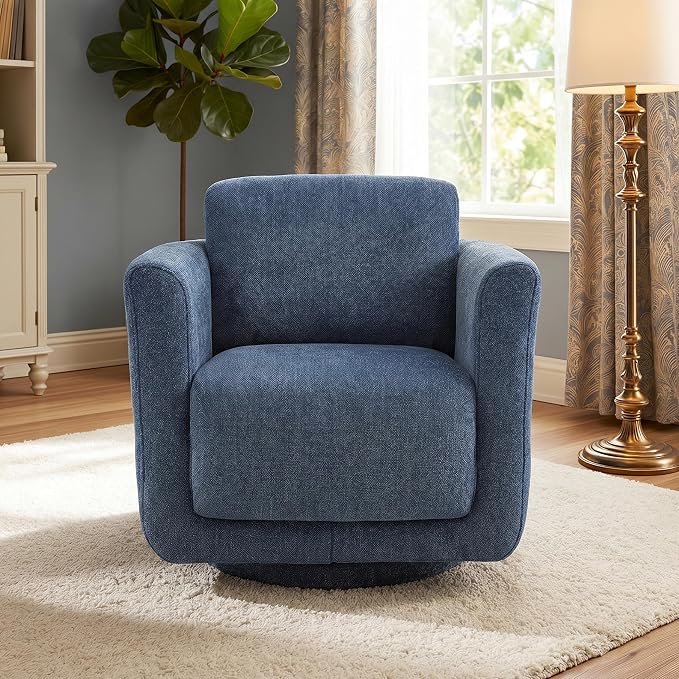 Swivel Accent Chair, 360° Barrel Armchair with Solid Wood Frame & Ergonomic Back Cushion, Fully Assembled Chenille Swivel Chair for Living Room, Bedroom, Office, Blueberry Blue