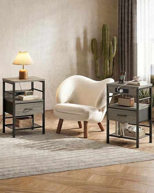Lazzanto Nightstands Set of 2 with Charging Station, Bedside Tables with Open Shelf & Hooks, End Tables with USB-C USB-A Ports AC Outlets, Night Stand for Bedroom with Fabric Drawer, Grey