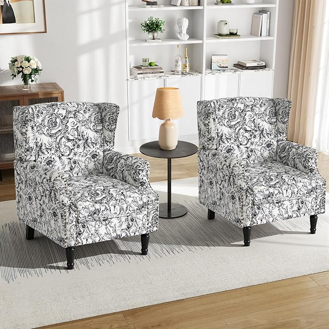 Pia Ricco High Back Floral Accent Chair - Retro Wingback Upholstered Armchair with Nailhead Trim, Solid Wood Legs, Fabric Living Room Bedroom Reading Chair (Rococo Black)