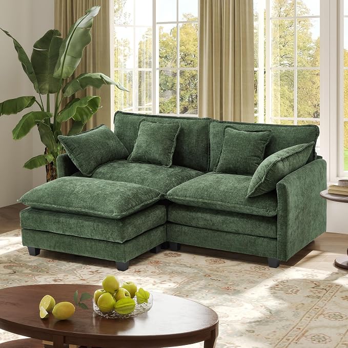 77.6" Modular Sectional Sofa,Loveseat Couch for Living Room, Modern Deep Seat Sofa 2 Seater Chenille Fabric Comfy Cloud Couches with Throw Pillows & Ottoman for Apartment,Small Spaces