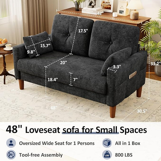 Vipbear 48" Loveseat Sofa,Modern Small Couches for Small Spaces,Black Chenille Love Seat Couch for Living Room,Bedroom,Apartment,Office,Deep Seat,Throw Pillow,Side Pockets,Square Armrest
