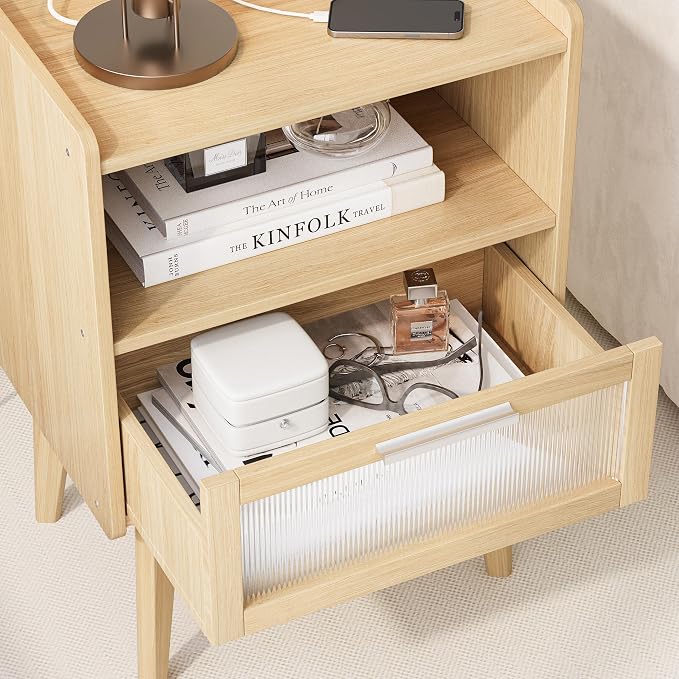 Nightstand with Charging Station, Natural Wood Bedside Tables, Modern End Table, Side Table with 2 Tiers Storage Space for Bedroom Living Room MLBZ07YE-2