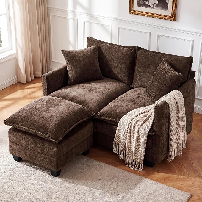 L-Shape Loveseat Sofa Couch with Ottoman, Small 50" Love Seat 27" Deep Cloud Sofa Washable Chenille Pillow for Apartment Bedroom Dorm Attic Studio Office Living Room Small Space 8833-BROWN-L