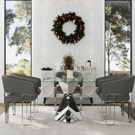 Dining Chairs Set of 4, Boucle Barrel Dining Room Chairs, Grey Armchair with Curved Backrest and Mirrored Chrome Stainless Steel U-Shaped Legs