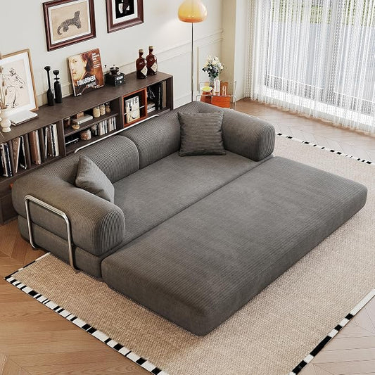 JINGLING 79" Queen Sleeper Sofa Bed with Memory Foam, Compressed Couch in a Box, Foldable Convertible Small Couches for Small Spaces Bedroom Game Room, Corduroy Fabric, Grey