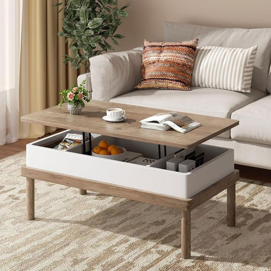 Shintenchi Coffee Table, Lift Top Coffee Table with Hidden Compartment, Rising Tabletop Dining Table, Lift Top Coffee Center Table for for Living Room, Office, Home (Ivory)