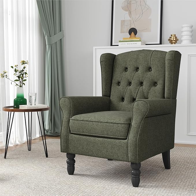 Wingback Accent Chair, High Back Arm Chair for Living Room, Button-Tufted Upholstered Fabric Armchair with Solid Wood Legs, Comfy Single Sofa Reading Chair for Bedroom, Green