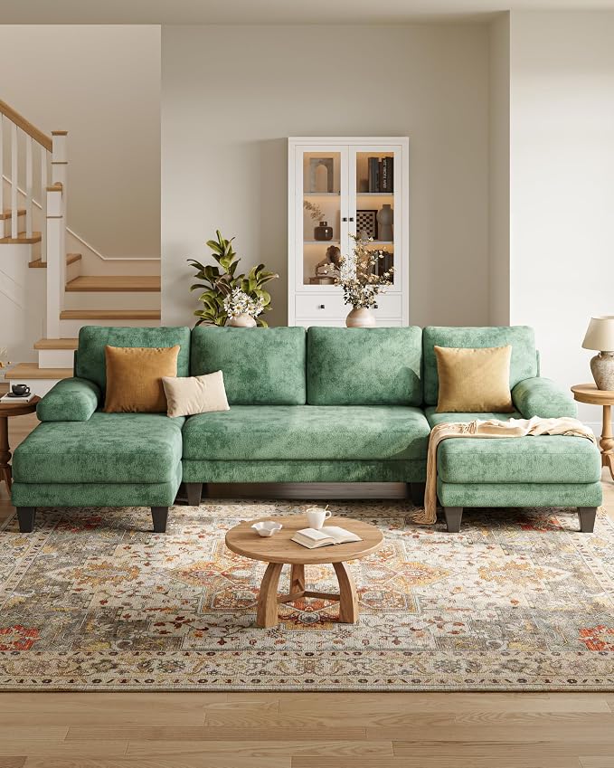 U-Shaped Sectional Couches for Living Room | 112 Inch Modern Sectional Couch | Green Chenille Sofa with Double Chaise for Apartment
