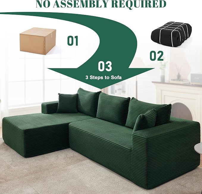 Mangodan 110” Cloud Sectional Couch, Modular Sectional Sofa for Living Room, Boneless Sofa with Deep Seat, Comfy Fluffy Couch with L-Shaped Chaise, No Assembly Required (Left-Facing Chaise, Green)