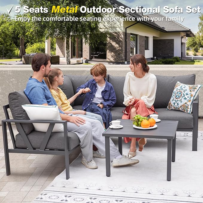 Patio Furniture Set, 6 Pieces Outdoor Couch Sectional, L Shaped Patio Sofa, Metal Patio Couch Sectional with Side Table, Outdoor Seating Conversation Set, Grey