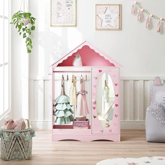 UTEX Kids Dress Up Storage with Mirror, Kids Wardrobe Closet, Dress Up Armoire for Little Girls, Open Hanging Costume Organizer with Storage Cabinet for Kids Room, Playroom