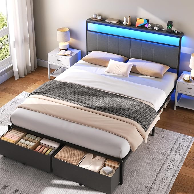Queen Bed Frame with 2 Storage Drawers, Grey Upholstered | Headboard with Charging Station and LED Lights, Metal Platform Bed with Storage Shelf, Noise Free, No Box Spring Needed