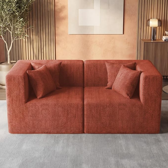 MONVANE 75" Loveseat Sofa, Comfy Chenille Modular Sectional Sofa with 4 Pillows, Modern Deep Seat Boneless Couch, 2 Seater Sofa for Living Room, Bedroom and Apartment, Rust Red