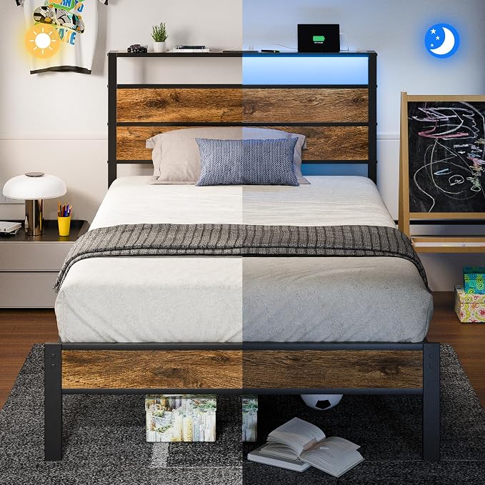 Liians Twin Bed Frame with Storage Headboard USB Charging Station, Smart LED Lights, Metal Platform Bed Easy Assembly, No Box Spring Needed
