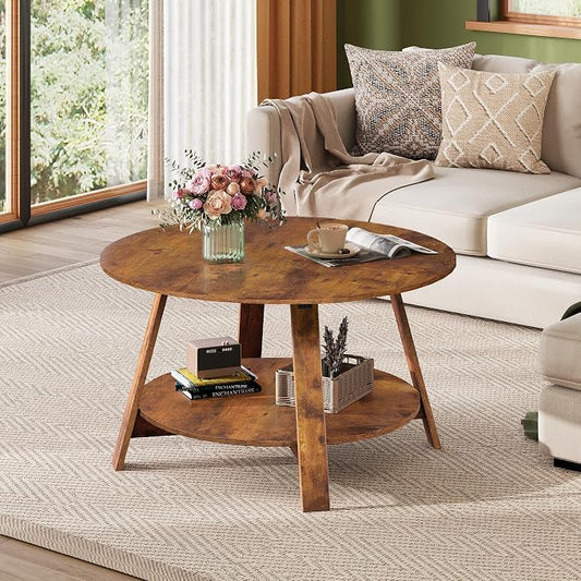 WLIVE Round Coffee Table, 2-Tier Wood Coffee Table with Storage Shelf, Tapered Legs, Circle Wood Small Center Table for Living Room, Apartment, Easy Assembly, Rustic Brown