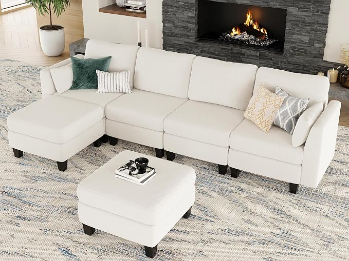 Modular Sectional Sofa, 6 Seaters Modular Sleeper Sofa Couch, Comfy Sectionals Couches Bed, Convertible Sofas with Ottomans, Sectional Couches for Living Room, Beige