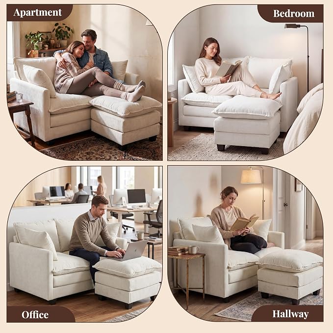 Loveseat Sofa with Ottoman, Cloud 3-Layer Cushion & 27" Deep Seat Modern Small Couch with 2 Washable Pillows for Small Spaces, Bedroom, Apartment, Office, Living Room, in a Box, 50-Inch Beige