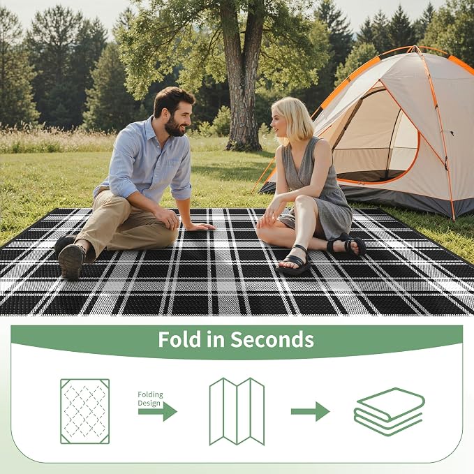 GENIMO Waterproof Outdoor Rug for Patio Clearance, 6'x9' Reversible Plastic Straw Rugs, Lightweight RV Camping Mat for Camper, Balcony, Deck, Backyard, Picnic, Black White Plaid