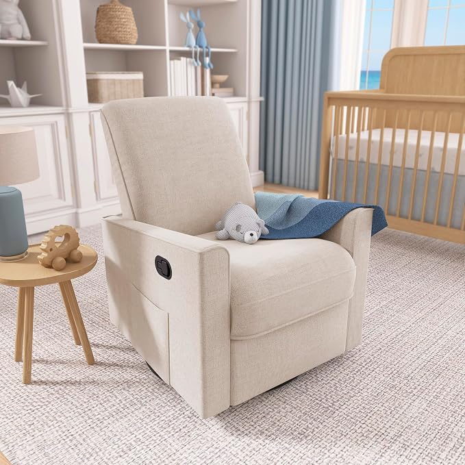 Evolur Raleigh Upholstered Manual Glider Recliner– Rocking & 360° Swivel with Smooth Glide – Greenguard Gold & FSC Certified – Modern Nursery and Living Room Chair in Light Sand