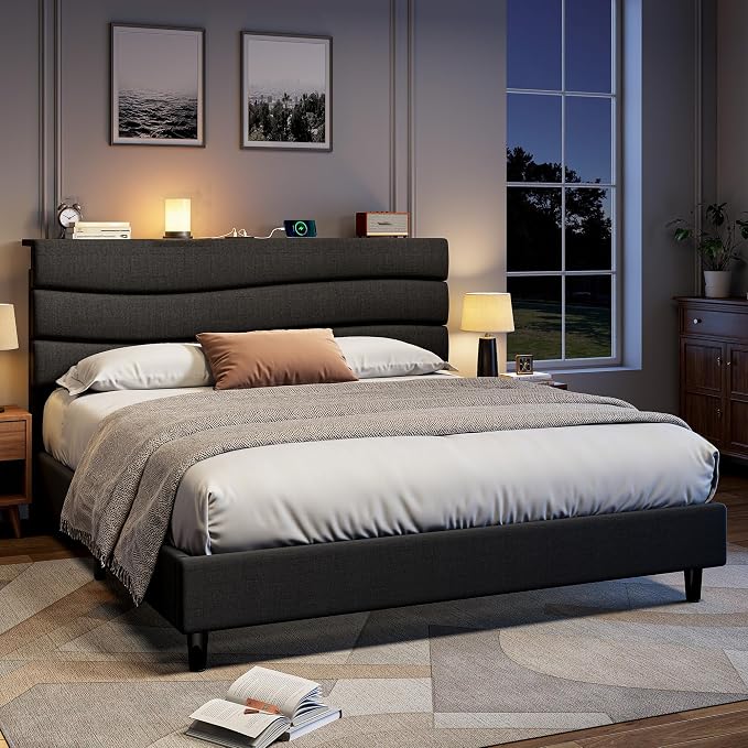 EnHomee Queen Size Bed Frame with Adjustable Height Headboard Upholstered Platform Bed Queen with Charging Stations,No Box Spring Needed,Easy Assembly,Noise-Free,Black