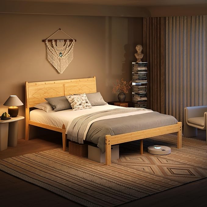 RLDVAY Bamboo Full Size Bed Frame, Platform Bamboo Wood Bed with Tall Headboard, No Box Spring Needed, Heavy Duty Metal Slats, Easy Assembly, Noise Free, 14 Inch Bed Frame Full