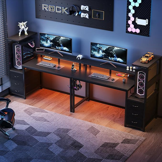 DUMOS 52” Gaming Desk with USB Charging Ports & LED Lights, Reversible Computer Desk with Drawers, PC Desk for Home Office Small Space, Gaming Table Fits PC Towers, Black