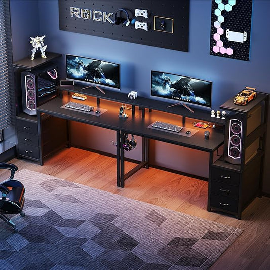 DUMOS 52” Gaming Desk with USB Charging Ports & LED Lights, Reversible Computer Desk with Drawers, PC Desk for Home Office Small Space, Gaming Table Fits PC Towers, Black