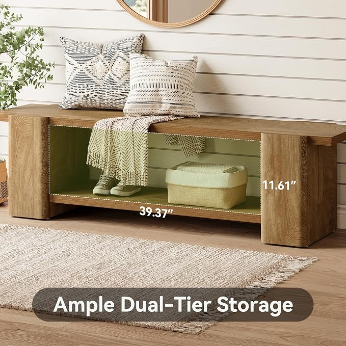LITTLE TREE Wood Entryway Bench, 63" End of Bed Bench with Storage Shelf, Farmhouse Extra Long Shoe Bench for Entryway, Dining Room, Hallway, Living Room, Bedroom, Double-Reinforced Legs, Natural Oak