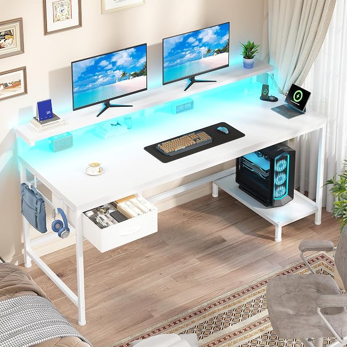 DurayLoly Computer Desk with Ergonomic Monitor Stand & CPU Stand,47.2" Gaming Desk with 1 Drawer & Power Outlet & LED Lights for Home Work, Bedroom Study and Gaming, Small Spaces,White