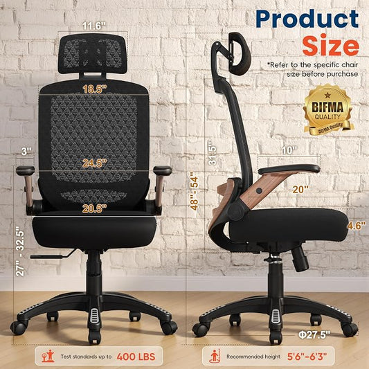 GABRYLLY Ergonomic Office Chair, High Back Home Desk Chair with Flip-Up Arms, 3D Headrest, Thick Sponge Seat &90-120° Recline, Big and Tall Mesh Executive Chairs for Man Woman, Black Woodgrain