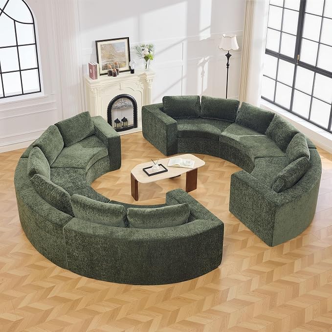 WUTUTUEE 142'' Curved Round Boneless Couch, Oversized Circular Sofa with Deep Seat & Arms, Chenille Modular Sectional Sofa with Pillows, Upholstered Comfy 12 Seat Couch for Living Room, Green