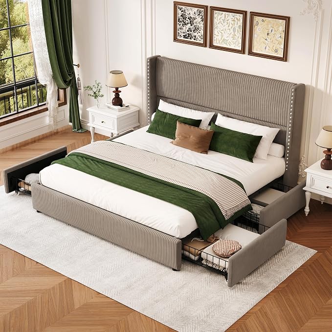 LARMACE Queen Size Bed Frame with 4 Storage Drawers Queen Bed Frame with Headboard Upholstered Corduroy Platform Bed with Vertical Stripe,Solid Wood Leg/No Box Spring Needed/Noise Free,Brown