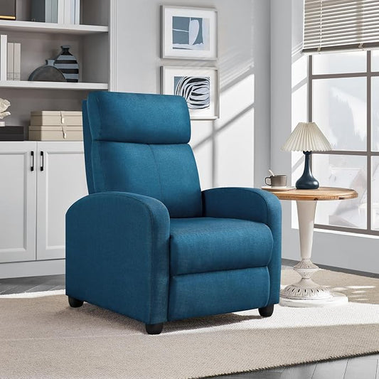 Topeakmart Fabric Recliner Sofa Push Back Recliner Chair Adjustable Modern Single Reclining Chair Upholstered Sofa with Pocket Spring Living Room Bedroom Home Theater Blue