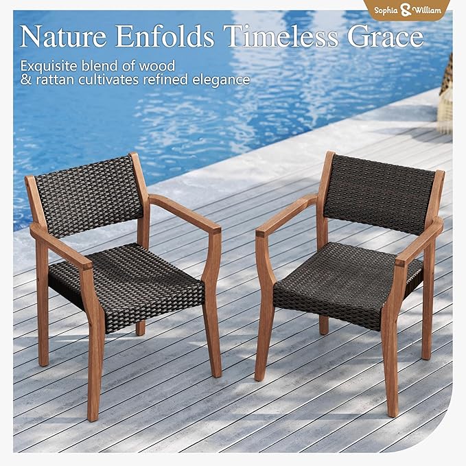 Sophia & William Patio Dining Chair Set of 2, Outdoor Rattan Wicker Dining Chairs with Sturdy Acacia Wood Frame,Weather Resistant Accent Chairs for Garden, Backyard, Poolside, Balcony