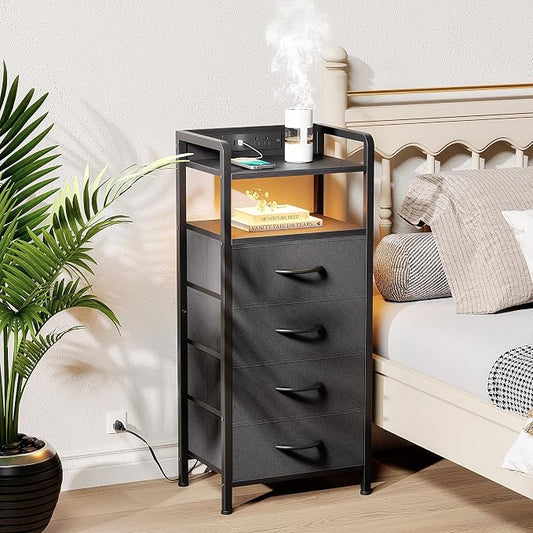 Lazzanto Night Stand Bedside Table Bedroom - Tall Nightstand with Charging Station & LED Light Strip, Bed Side Table with Shelf & Drawers, 2 U-S-B Ports & 2 AC Outlets, Black