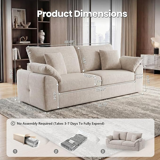 89.8" Modern Loveseat Sofa for Living Room, Cloud Boneless Couches with 4 Pillows, Mid Century Loveseat couches for Small Place, No Assembly Required, Camel