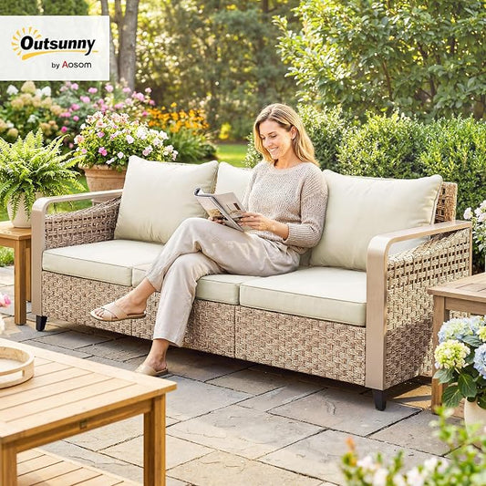 Outsunny Outdoor Patio Couch with Wide and Deep Seat, 3 Seater Wicker Outdoor Sofa with Wide Metal Armrests, Patio Furniture Couch with Cushions for Porch, Garden, Backyard, Beige