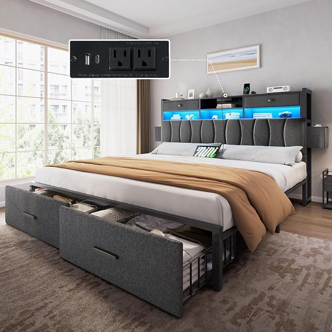 DWVO King Size with 2 Storage Drawers and Charging Station, Linen Upholstered Platform Bed with Storage Headboard and LED Light, Heavy Duty Metal Support, No Box Spring Needed, Noise Free, Grey