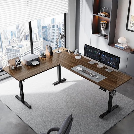 Klicelor L Shaped Standing Desk 75 x 61 Inch,Electric Height Adjustable Corner Desk with Cable Management & Power Outlets, Ergonomic Sit Stand Up Computer Table for Home Office,Dark Walnut