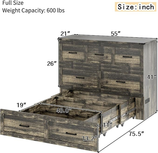 Merax Full Size Murphy Bed with Charging Station, Multi-Functional Foldable Platform Bed with 1 Large Storage Drawer for Guest Room, Small Bedroom, Gray