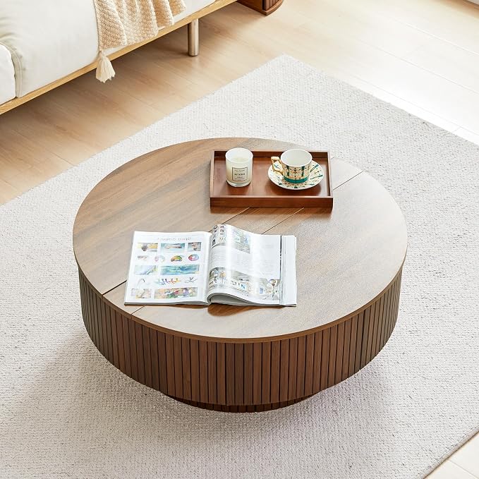 33" Round Coffee Table with Lift-Top & Flip-Top Storage, Modern Accent Fluted Coffee Tables with Metal Frame, Wooden Circle Center Table for Living Room Small Space Apartment Office (Walnut)