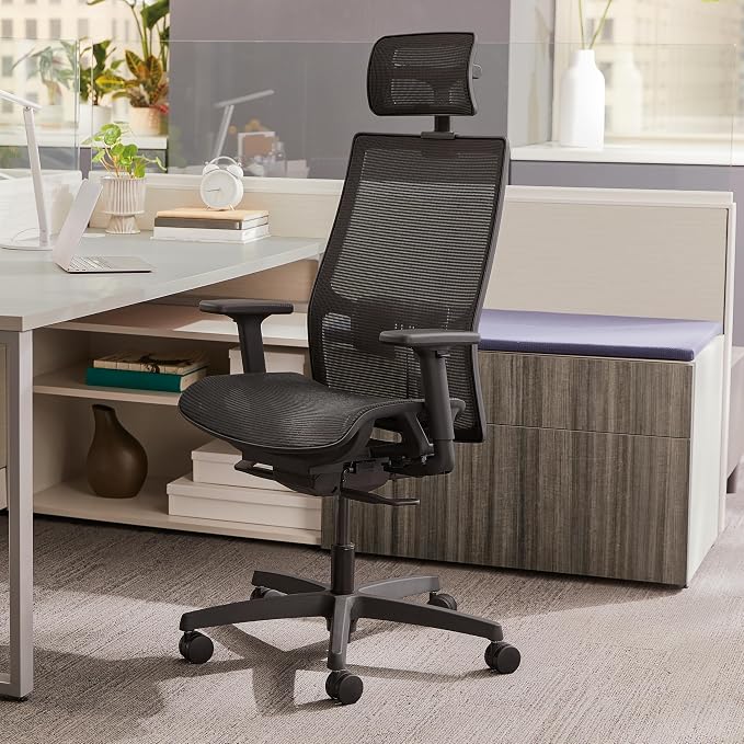 HON Ignition 2.0 Ergonomic Office Chair with Headrest, Mesh Desk Chair with Lumbar Support, Synchro‑Tilt Recline, Height and Width Adjustable Arms, Swivel Wheels, Black Frame, Black
