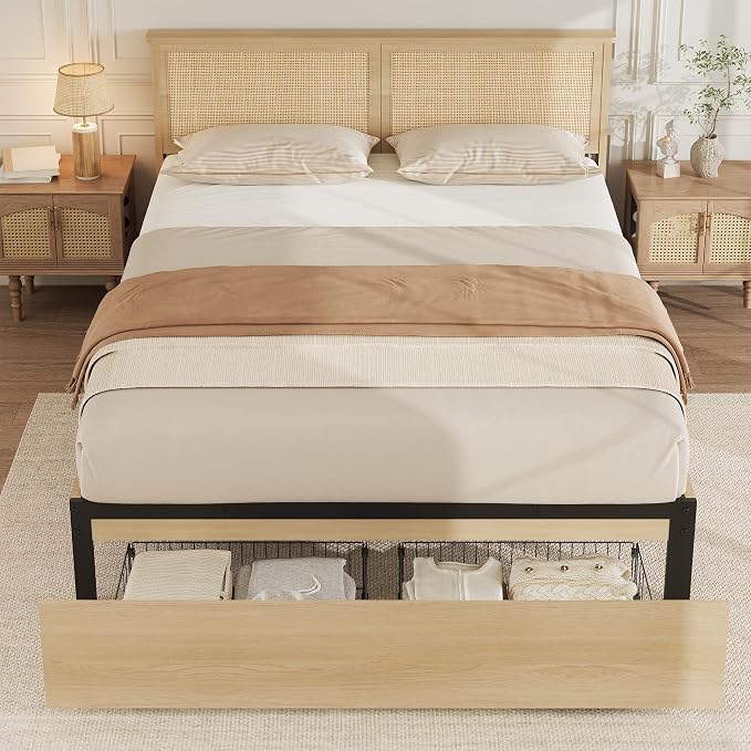 GarveeHome King Platform Bed Frame, King Size Bed Frame with Natural Rattan Headboard, Cane Bed Frame with 2 Storage Drawers and Strong Wood Slats Support, Noise Free, No Box Spring Needed