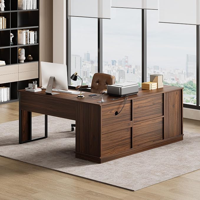 55'' Executive Desk with 3 Fluted Drawers, L Shaped Computer Desk with Lift Desktop & Power Outlets, Storage Shelves, CPU Stand, Industrial Office Desk with Cabinet (Dark Walnut)