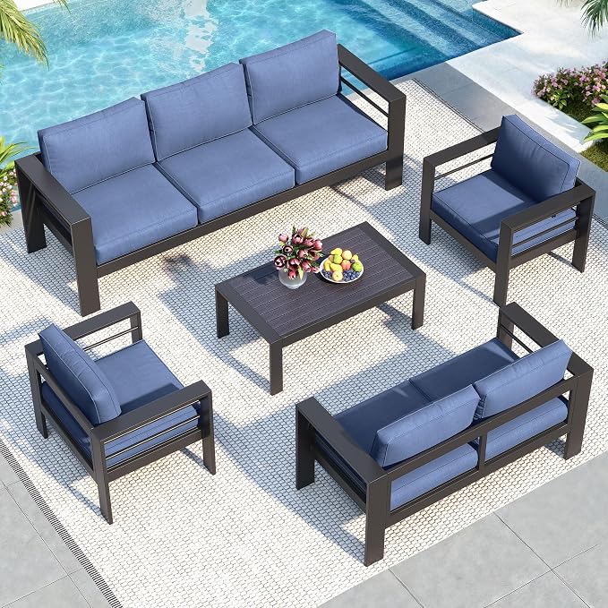 Solaste Aluminum Patio Furniture Set for All Weather, Modern Metal Outdoor Furniture Set with 27.5" Deep Seating and 3.2" Wide Armrest, Outdoor Patio Conversation Set with 10" Back Cushion, Blue